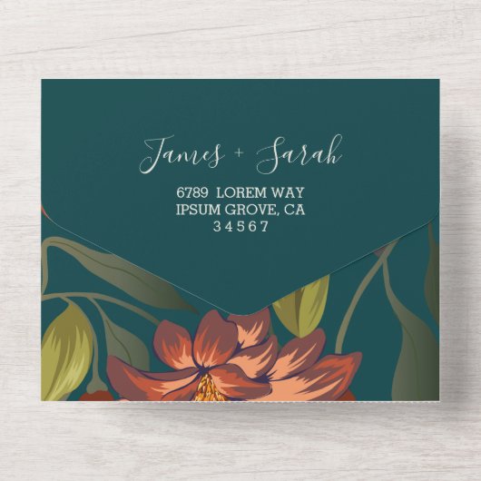 Moderne rustieke boho Floral Fall bruiloft Custom All In One Uitnodiging (Achterkant)