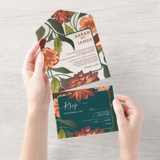 Moderne rustieke boho Floral Fall bruiloft Custom All In One Uitnodiging (Afscheurbaar)