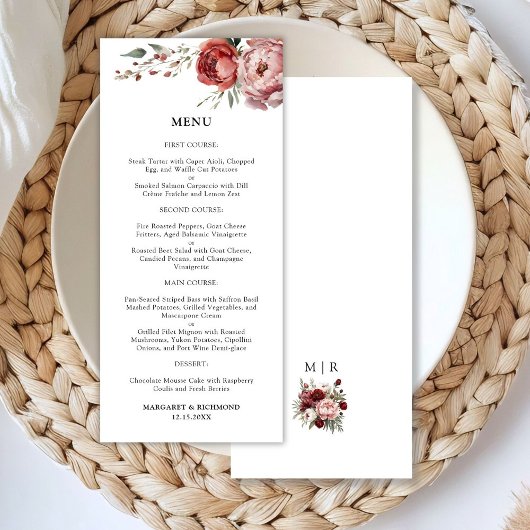Moderne Rustieke Bourgogne Blush Bloemen Trouwmenu Menu
