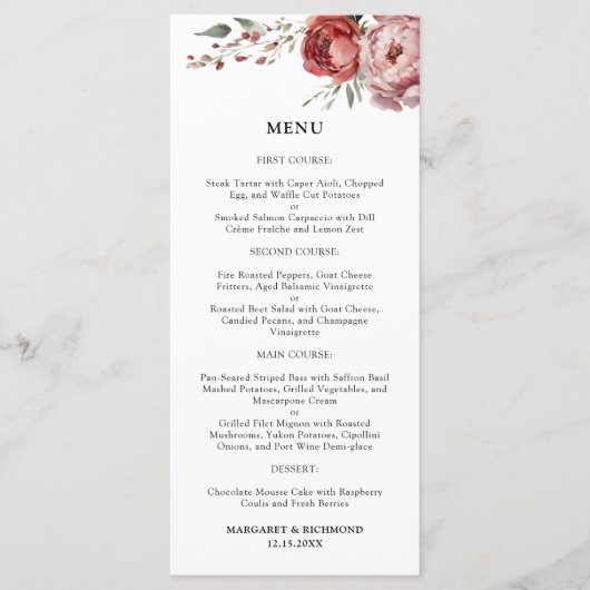 Moderne Rustieke Bourgogne Blush Bloemen Trouwmenu Menu (Voorkant)