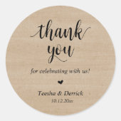 Moderne rustieke bruiloft diner dank u geschenken ronde sticker (Voorkant)