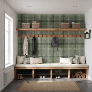 Moderne rustieke Burlap Plaid Green Behang