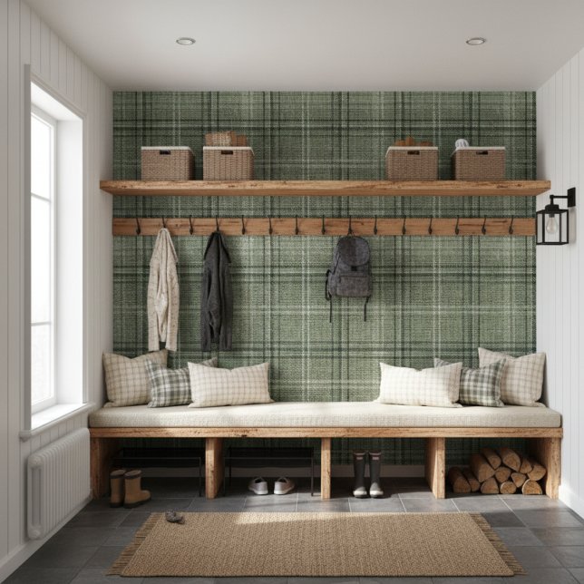 Moderne rustieke Burlap Plaid Green Behang (Creator heeft geüpload)