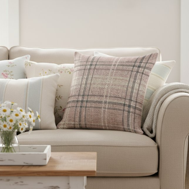 Moderne rustieke Burlap Plaid Light Pink Kussen (Creator heeft geüpload)