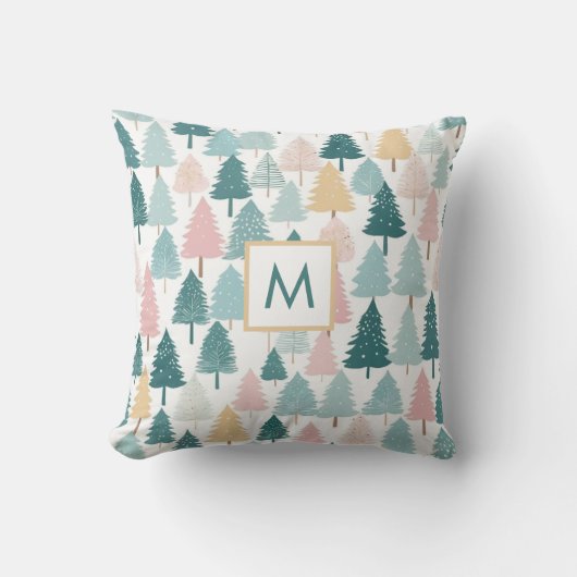 Moderne rustieke dennenbos kerstbomen monogram kussen (Voorkant)