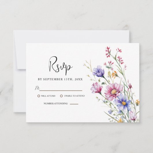 Moderne rustieke elegante wilde bloem bloemenbruil RSVP kaartje (Voorkant)