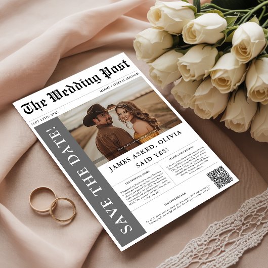 Moderne rustieke foto trouwkrant QR-code Save The Date