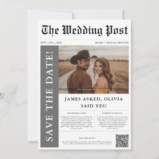 Moderne rustieke foto trouwkrant QR-code Save The Date (Voorkant)