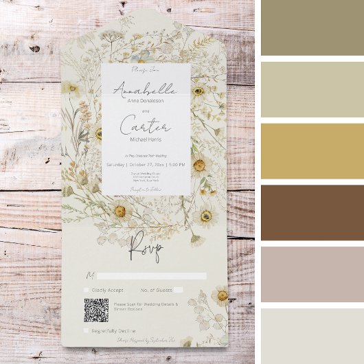 Moderne rustieke Gedroogde Daisies Bloemen QR Code All In One Uitnodiging