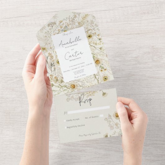 Moderne rustieke gedroogde madeliefjes Bloemen Gee All In One Uitnodiging (Afscheurbaar)