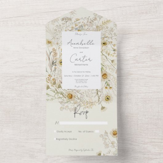 Moderne rustieke gedroogde madeliefjes Bloemen Gee All In One Uitnodiging (Binnen)