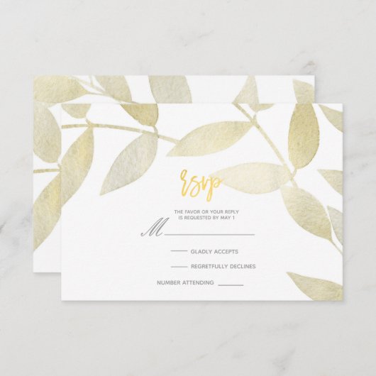 Moderne Rustieke Gouden Goud Bladeren Botanische R RSVP Kaartje (Voorkant / Achterkant)