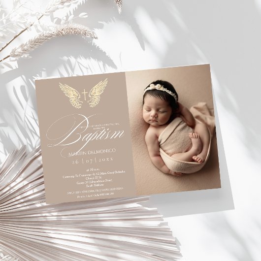 Moderne Rustieke Gouden Typografie Kruis Foto Doop Kaart