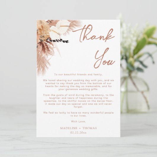 Moderne Rustieke Gras Boheemse Terracotta Trouwdag Bedankkaart (Staand voorkant)