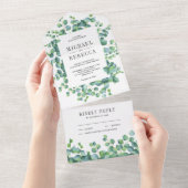 Moderne Rustieke Groene Eucalyptus Bladeren Bruilo All In One Uitnodiging (Afscheurbaar)