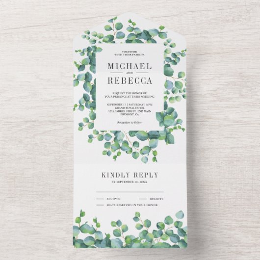 Moderne Rustieke Groene Eucalyptus Bladeren Bruilo All In One Uitnodiging (Binnen)