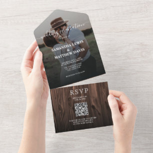 Moderne Rustieke Houten Buiten Trouw QR Code All In One Uitnodiging