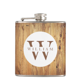 Moderne rustieke houten monogram naam + Initiaal Heupfles