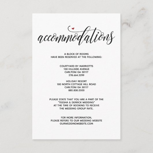 Moderne rustieke huwelijksaccommodatiekaart informatiekaartje (Voorkant)