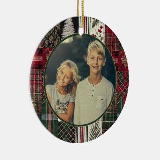 Moderne rustieke kerstplakfoto keramisch ornament (Rechts)