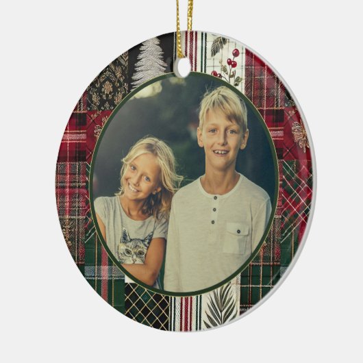 Moderne rustieke kerstplakfoto keramisch ornament (Links)