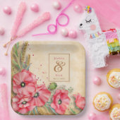 Moderne Rustieke Klaproos Bloem Bruiloft Papieren Bordje (Feest)