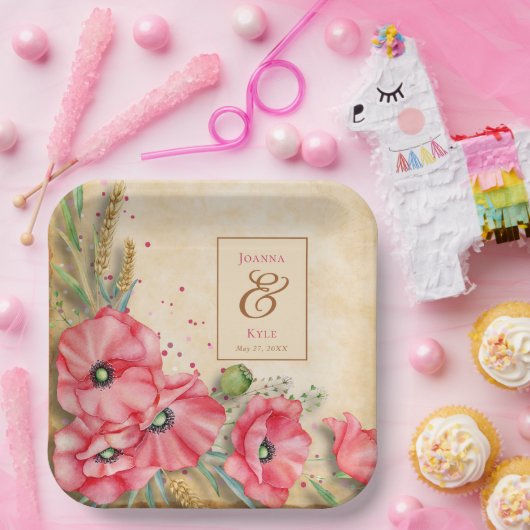 Moderne Rustieke Klaproos Bloem Bruiloft Papieren Bordje (Feest)