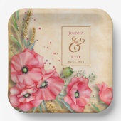 Moderne Rustieke Klaproos Bloem Bruiloft Papieren Bordje (Voorkant)