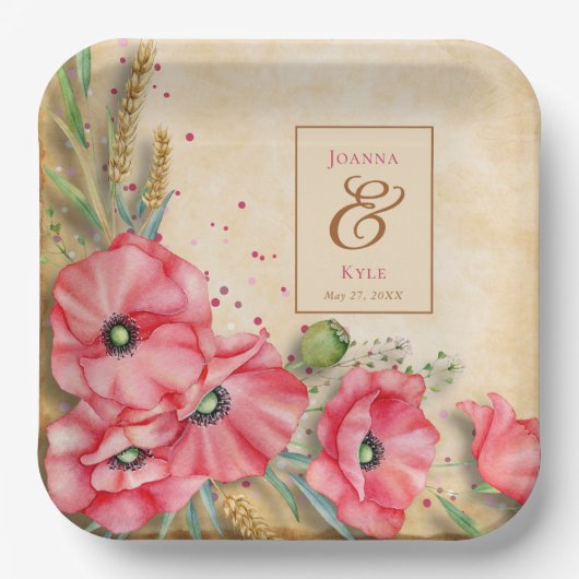 Moderne Rustieke Klaproos Bloem Bruiloft Papieren Bordje (Voorkant)