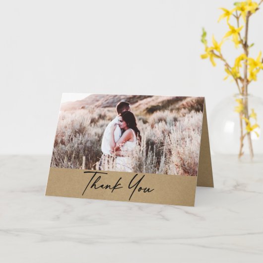 Moderne rustieke Kraft foto bruiloft Dank u Kaart (Gele Bloem)