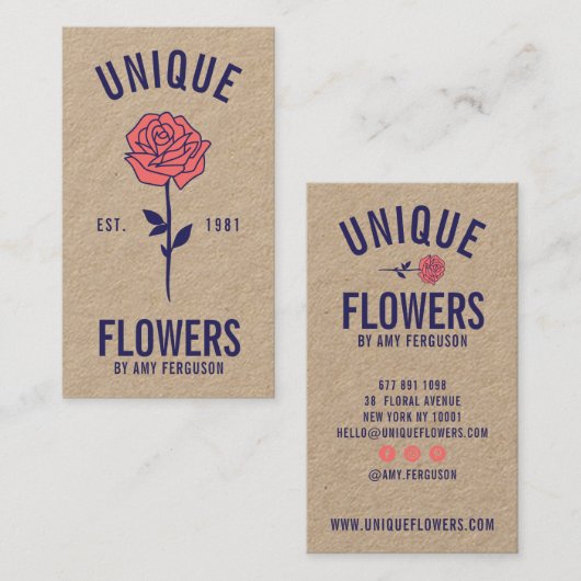 Moderne rustieke kraft trendy blauw roze rozenbloe visitekaartje (Voorkant / Achterkant)