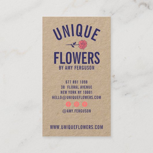 Moderne rustieke kraft trendy blauw roze rozenbloe visitekaartje (Achterkant)