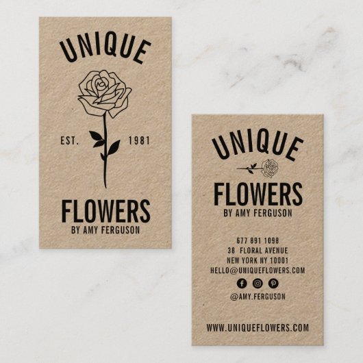 Moderne rustieke kraft trendy zwart wit roos bloem visitekaartje (Voorkant / Achterkant)