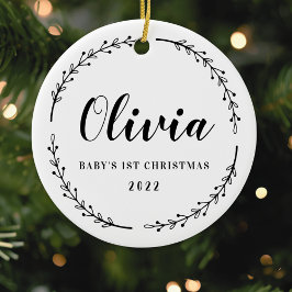 Moderne Rustieke Krans Baby's Eerste Kerstmis Foto Keramisch Ornament