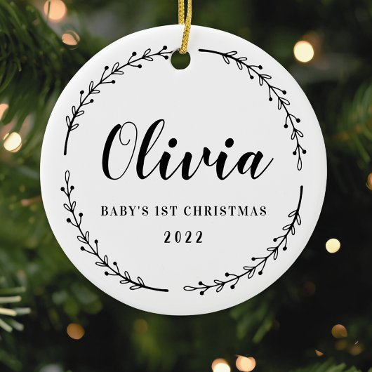 Moderne Rustieke Krans Baby's Eerste Kerstmis Foto Keramisch Ornament