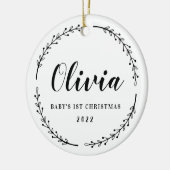 Moderne Rustieke Krans Baby's Eerste Kerstmis Foto Keramisch Ornament (Links)