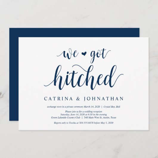 Moderne Rustieke, Marineblauwe script, Trouw Elope Kaart (Voorkant / Achterkant)