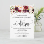 Moderne rustieke marsala bloemenboho bruiloft kaart (Staand voorkant)