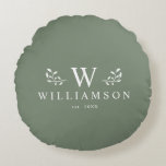 Moderne Rustieke Monogram Aangepaste Familienaam S Rond Kussen<br><div class="desc">Moderne rustieke monogram aangepaste naam pasgetrouwd ronde kussen met uw familienaam en initiaal,  evenals het jaar van oprichting,  omringd door whimische takillustraties. Minimalistisch,  eenvoudig en stijlvol,  dit stoffige saliegroene familie kussen is een perfect gezellig huwelijkscadeau!</div>