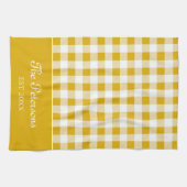 Moderne rustieke mosterd geel gingham familienaam theedoek (Horizontaal)