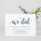 Moderne Rustieke, Navy Blauwe script, Trouw Elopem Kaart (Staand voorkant)