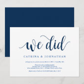 Moderne Rustieke, Navy Blauwe script, Trouw Elopem Kaart (Voorkant / Achterkant)