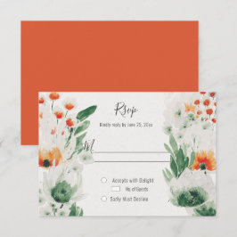 Moderne Rustieke Oranje Groene Aquarel Bloemmotief RSVP Kaartje