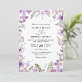 Moderne Rustieke Paarse Bloem Budget QR Code Huwel Kaart (Staand voorkant)