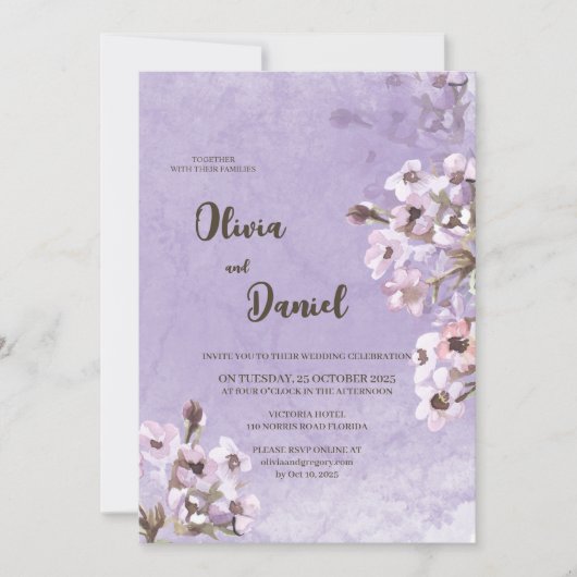 Moderne Rustieke Paarse Bloemen Bruiloft  Kaart (Voorkant)