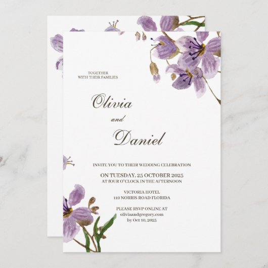 Moderne rustieke paarse bloemen bruiloft uitnodigi kaart (Voorkant / Achterkant)