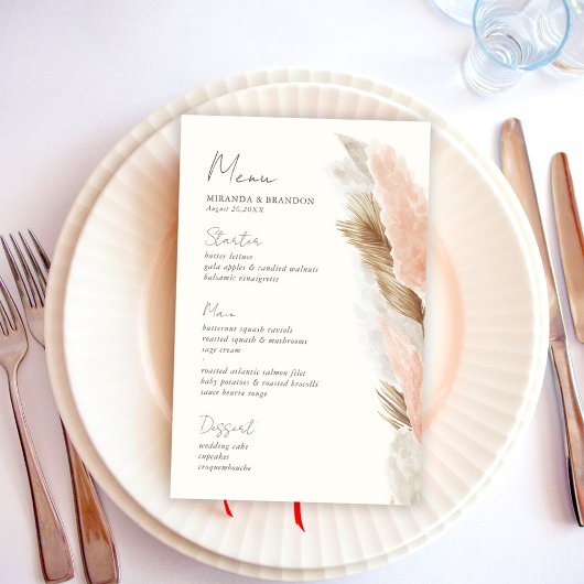 Moderne Rustieke Pampas Gras Trouwmenu Kaart