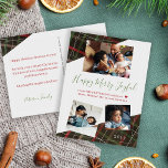 Moderne rustieke rode groene plaid 3 familiefoto's feestdagenkaart<br><div class="desc">Elegante stijlvolle familiefotocollage Happy Merry Joyful Christmas green script briefkaart met uw drie aangepaste foto en volledig aanpasbare tekst met inserts van rode bordeaux en jager groen tartan plaid patroon over een witte achtergrond.                 Eenvoudig te personaliseren met uw afbeeldingen,  wensen. afzender adres en handtekening aan beide zijden!</div>
