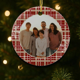 Moderne Rustieke Rode Tan Plaid Sneeuwvlok Foto Keramisch Ornament