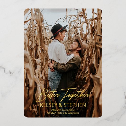 Moderne Rustieke Samen Foto Betrokkenheid Folie Uitnodiging (Voorkant)